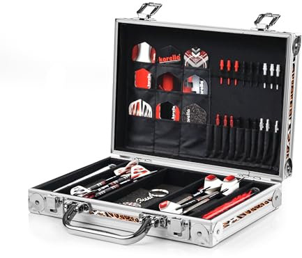 Karella Dartkoffer Alu PAK Luxus Dart-Case, High Class Profi Etui für 2 Satz Darts. Tasche Large, mit viel Platz für Dartpfeile und Zubehör, in Silber, schwarz und Leopard Edition