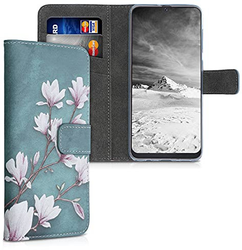kwmobile Wallet Case kompatibel mit Samsung Galaxy A50 Hülle - Cover mit Ständer und Kartenfächern - Magnolien Taupe Weiß Blaugrau