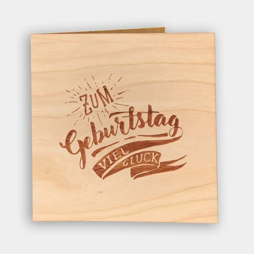 Original Holzgrusskarte - Geburtstagskarte für besondere Glückwünsche zum Geburtstag aus Kirschholz - Geburtstagsbillet, Glückwunschkarte, Postkarte, Geschenkkarte (Zum Geburtstag viel Glück)