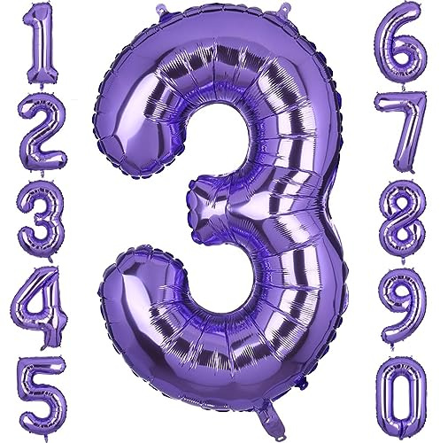 40 Inch Large Foil Number 3 Balloons Purple Big Mylar Helium Balloon Birthdays Party Decorations Supplies Girls