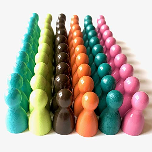 Spielfiguren aus Holz für Brettspiele, Bunte Mischung, besondere Farben, Halmakegel Gr. 12/24 mm, 60 Stück (6x10) (Omas Sofa: Mandarin, Altrosa (=Pink), Lemon, Helltürkis, Türkis, Braun)