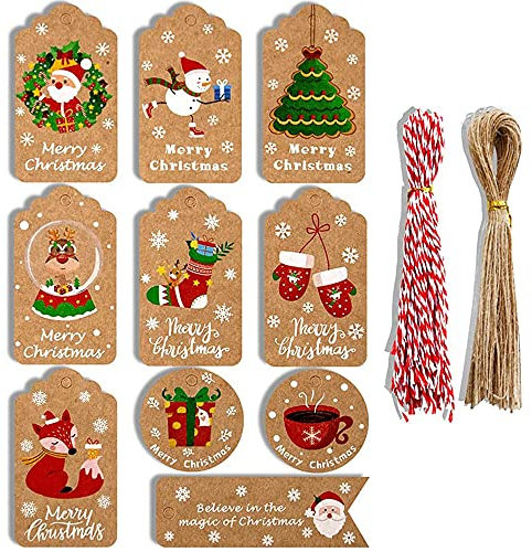 100 Stück Geschenkanhänger für Weihnachten, Weihnachten Anhänger, Kraftpapier Weihnachten Etiketten, 10 Stile, mit Baumwolle und Jute Schnur, für das Dekorieren Weihnachtsgeschenke