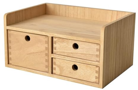 KIRIGEN Wood Desktop Organizers with Drawers Home Workspace Office Supplies Wooden Storage Box Shelf Case Hold Makeup Box with 3 Drawers and 1 Shelves Natural