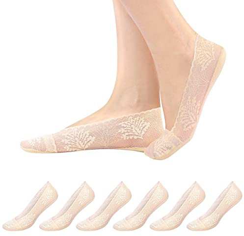 Kordear Women's 6 Pairs Non Slip Lace Invisible Socks, Low Cut Liner Socks for Sneakers & High-heel Shoes
