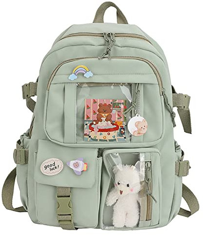 LYEAA Kawaii Rucksack mit Pins & Plüschtier-Anhänger, Frauen Mädchen adretter Stil PVC Patchwork Transparenter Rucksack Schultasche Große Kapazität Rucksack Handtaschen, Stil D, Grün