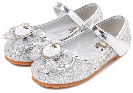 Eleasica Frozen Bambino Scarpe Piatto Principessa Elsa Punta Chiusa Regno di Ghiaccio Calzature Cerimonia Nozze Natale Regalo Compleanno Cenerentola Ragazze Ballerine,Argento 2,26