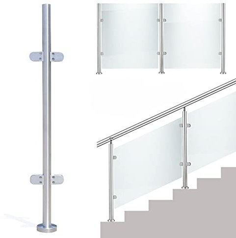 Geländer Edelstahl Geländerpfosten 110cm Treppengeländ Rund Relinggeländer Bausatz Glasgeländer Zaun Mit Glasklemmen Für 8~12 mm Glas (Mittelsäule)