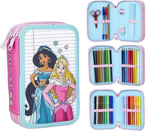 Estuche Escolar Infantil de Princesas Disney - Cierre de Cremallera - 12,5 x 6,5 x 18,5 cm - Plumier con Triple Compartimento - Incluye Accesorios - Producto Original Diseñado en España