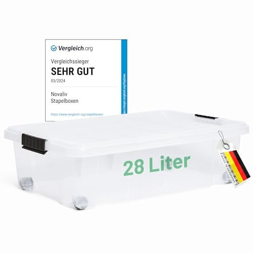 Novaliv Unterbett Aufbewahrungsbox mit Rollen Deckel 28L transparente Nestbar stapelbare Clipverschluss Bettkasten mit Rollen BPA-frei 61x40x17 cm