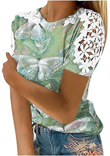 AMhomely Women's Blouse Party Elegant Short/Long Sleeve Tops for Work UK Ladies Solid Short Sleeve O-Neck Pullover Lace Tops Shirts Business Office Top Ladies Loose Shirt Blouse for Spring/Summer