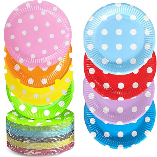 80 Pcs Colorful Party Paper Plates, 7 Inch Coloured Paper Plates Dinner Picnic Paper Plates Rainbow Coloured Paper Plates Disposable Tableware Round Dessert Plates DIY Paper Plates Birthday Party