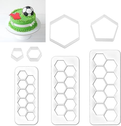 AUTUUCKEE 7 Pcs Cookie Cutter, Football Pattern Single Hexagon & 10-in-1 Hexagon Cookie Cutters Cake Fondant Cutter Plastic, Soccer DIY Cake Desserts Decorating Tools, 7 Size(White)