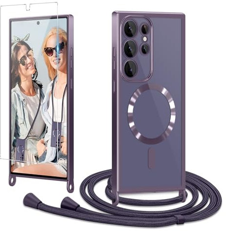 Ethanger Handyband für Samsung Galaxy S24 Ultra 5G Hülle mit Band + 1 Stück Glas Schutzfolie Transparent Silikon Handyhülle Magnetische Schutzhülle Case zum Kordel für Samsung S24 Ultra Lila