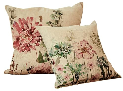 Loberon Kissenhülle 2er Set Cornimont, bunt | Zwei Größen, mit Rüschen & Bindebänder, zarte Blüten in Aquarell-Optik, Kissenbezüge, Wohn-Accessoires, Leinen