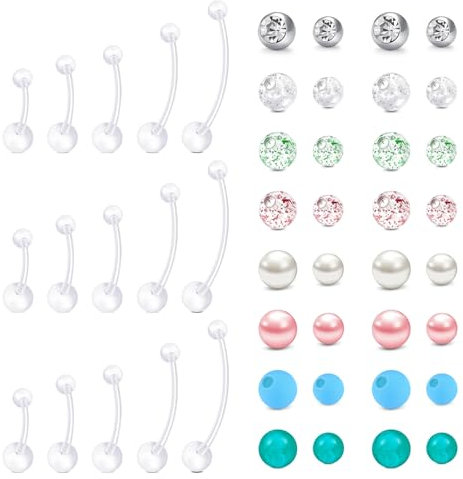 NIUSIMAN Plastique UV Piercing nombril grossesse 15 pièces Piercing de nombril long pour maternité Sport Femmes enceintes Piercing nombril flexible transparent boules remplacement 10-32mm