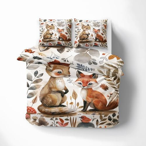 QEODAH Sommerbettwäsche 135x200 Fuchs - Waldtiere Bettbezug 135 x 200 2er Set - Wendebettwäsche & Kissenbezug 80x80 cm - Weiche Mikrofaser Bettwäsche-Sets mit Reißverschluss - Schlafzimmer Bett Deko