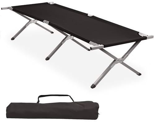 CampFeuer Feldbett | Schwarz | Belastbar bis 180kg | 190 x 74,5 x 45,5 cm | Campingliege, Sonnenliege, stabile Feldliege, Gartenliege mit Tragetasche, Angelliege, Strandliege, Klappliege, Outdoorliege