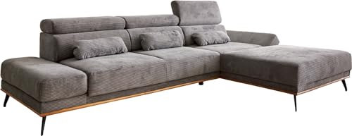 DELIFE Couch Evelio Cord Steingrau 320x200 Ottomane rechts elektrische Sitztiefenverstellung Ecksofa