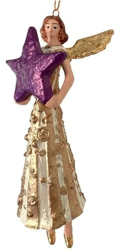 Engel groß Weihnachten Baumschmuck Figur Deko Hänger Christbaumschmuck Ornament 15 cm (Creme-Gold mit lila Stern)