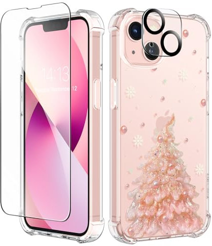GVIEWIN Coque Compatible avec iPhone 13 6,1 2021, avec Protecteur d'écran en Verre trempé + Protecteur d'objectif de caméra, Coque de Fine en TPU Transparent Fleurs antivibration（Sapin Pastel/Rose）