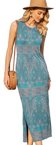 Zeagoo Womens Summer Maxi Boho Beach Dress Floral Print Dress Sleeveless Longdresses Elegant Mididress Green Floral XL