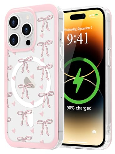 LCHULLE Magnetic for iPhone 14 Pro Max Case Cute Aesthetic Bow, Solid Heart | Compatible with MagSafe, Clear Ribbon Girly Bowknot Phone Cover for Women Girls, Slim TPU Bumper Hard Back,Anti-Yellowing