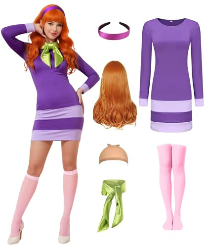 Halloween Costumes Women Adult Long Sleeve Purple Cosplay Mini Dress with Scarf Wig Headband Socks Accessories QM007-M