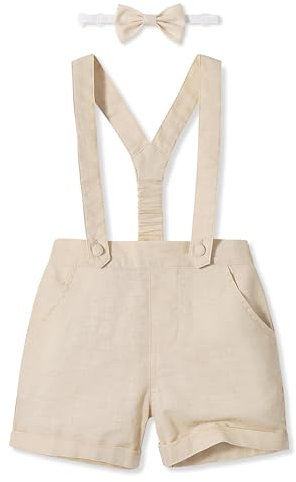 Volunboy Bambino Pantaloncini con Bretelle, Ragazzo Estivi Casual Lino Shorts con Papillon 3 Pezzi(Cachi Chiaro,12-18 Mesi,Taglia 80)