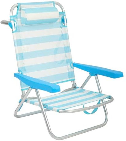 Creaciones Llopis Silla de Playa Plegable con Cojín Reposacabezas 80 x 48,5 x 66 cm. (Rayas Celeste)