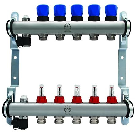 KAN-Therm Edelstahl-Fußbodenheizungsverteiler 4 Heizkreise – 303 mm – M30x1,5 – mit Durchflussmengenanzeiger & Rücklaufventilen – HK-Verteiler 4-fach für Eurokonus 3/4
