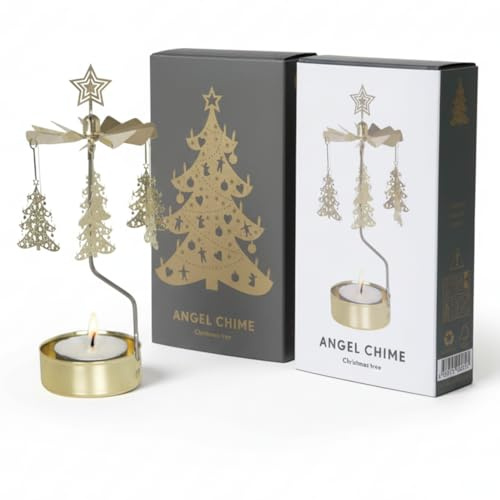Teelicht Karussell aus Metall – drehender Teelichthalter in Gold mit 6 Weihnachtsbaum-Ornamenten & Sternspitze – rotierendes Kerzenkarussell durch Kerzenwärme – festliche Weihnachtsdeko & Geschenkidee