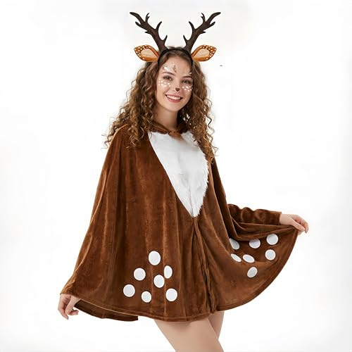 Wogueish Reh Kostüm Damen, Karnevalskostüm Damen mit Rentier Geweih Haarreif & Kapuze-Cape, Fasching Kostüm Damen Brauner Rentier Kostüm Erwachsene für Motto Party Weihnachten