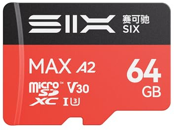 SIX M200 Carte Micro SD 64 Go Lecture jusqu'à 190 Mo/s pour enregistrement continu 4K UHD – Carte mémoire microSDXC A2, U3, V30 64 Go avec adaptateur pour caméras d'action, drones, consoles de jeu