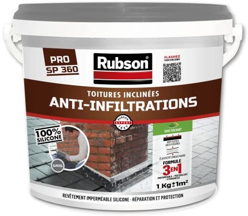 Rubson Revêtement Anti-Infiltrations Stop fuite Gris 1 kg, pour réparation & étanchéité de toitures inclinées & plates, Résine silicone imperméable -anti-fissures