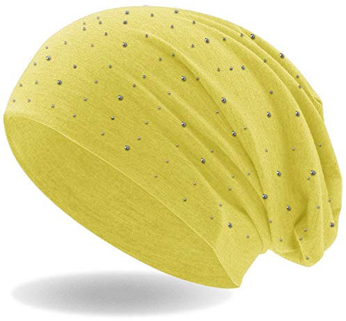 Strass Stein Beanie Slouch Long Beanie Mütze mit edler Strass-Nieten Applikation für Damen und Herren (gelb)