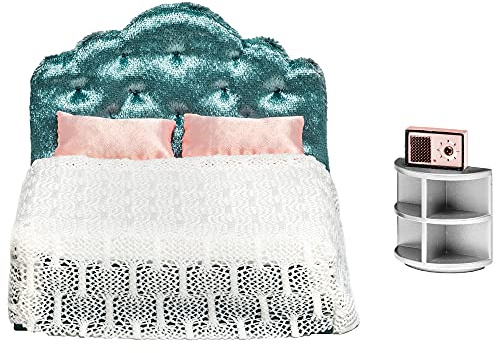 Lundby Puppenhaus Bett - 7-teilig mit Puppenhaus Bettwäsche - Bett Puppenhaus Zubehör - Spielzeug Puppenbett - Puppenhaus Möbel Set - Puppenhaus Schlafzimmer Puppenmöbel - 11cm Puppen 1:18