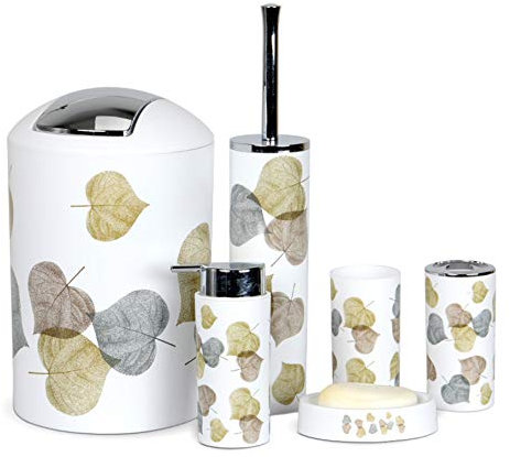 Icegrey Design Moderne 6 PièCes Ensemble D'Accessoires De Salle De Bain Bouteilles De Lotion, Porte-Brosse à Dents, Tasse à Dents, Porte-Savon, Brosse De Toilette, Poubelle,Feuille