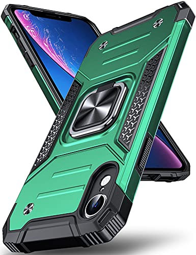 DASFOND Armor Hülle für iPhone XR Case mit Kameraschutz Militär Stoßfest Handyhülle [Upgrade 2.0] 360 Grad Metal Ring Ständer Schutzhülle [für Handyhalterung Auto Magnet], 6,1 Zoll, Dunkelgrün