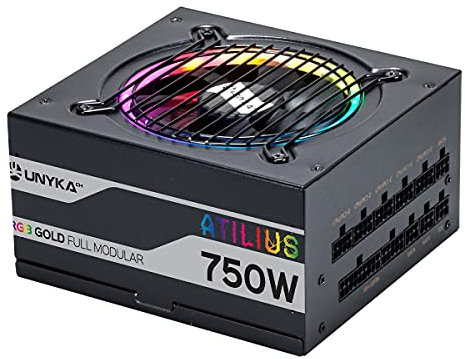 UNYKAch Fuente de Alimentación ATX ATILIUS 750W Black Full Modular con Iluminación RGB, Eficiencia del 90%, Ventilador de 120 mm Ultrasilencioso y Protección contra Sobrecorriente
