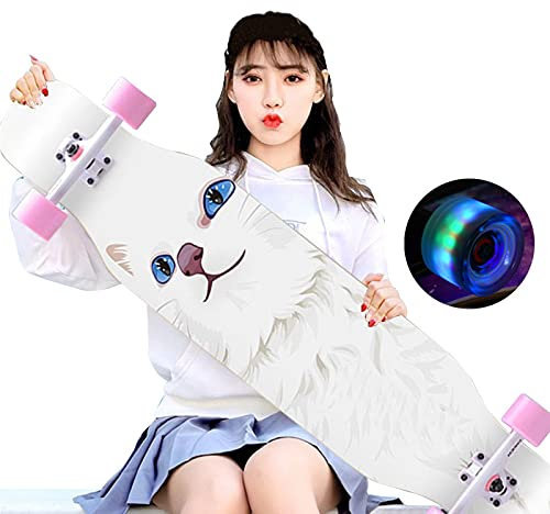 Skateboard Longboard 43 Cruiser Vollboard mit LED PU Rollen, 7 Lagen Ahorn Double Kick Concave Longboard mit Schutzausrüstung für Anfänger Kinder,Teen Jungen,Mädchen und Erwachsene (Katze)