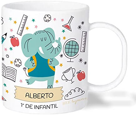Bee Ingenious Taza PLÁSTICO infantil personalizada. Tazas nombre Vuelta al Cole infantil. Tazas con nombre. Tazas desayuno niños. Varios Diseños a Elegir. Colección: Vuelta al cole. (Elefante y Oso)