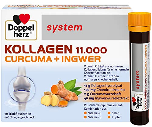 Doppelherz system KOLLAGEN 11.000 CURCUMA + INGWER – Vitamin C trägt zur normalen Kollagenbildung für eine normale Funktion von Knorpeln und Knochen bei – 30 Trinkfläschchen