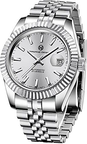 PAGRNE DESIGN orologio meccanico automatico NH35 Movimento,Orologio da uomo Fashion Business,Acciaio inossidabile 100M Orologio impermeabile,Cristallo zaffiro sintetico(bianco argento)