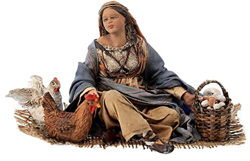 Sitzende Frau mit Eierkorb, Hühnern und Gans, für 18 cm Krippe von Angela Tripi