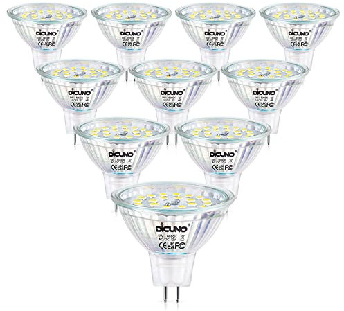 DiCUNO Lampadina LED dimmerabile GU5.3 MR16, Bianco freddo 6000K, 12V, 5W equivalente a lampade alogene 50W, 500LM, Faretto LED dimmerabile per soffitto, 10 pezzi