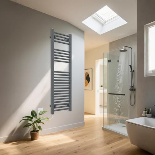 Warmehaus Anthracite Electric 500W Pre-Filled Straight Heated Towel Rail Radiator 1200x450mm