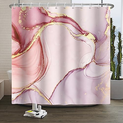SDOTPMT 122x183cm Marmor Duschvorhang Gemischt Rosa Lila Luxus Textur Golden Pulver Badevorhang Abstrakt Glatter Wirbel Badewannenvorhang für Badezimmer Stoff Polyester Wasserdicht mit Haken