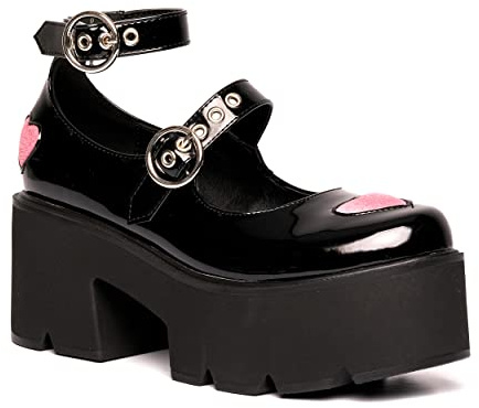 Lamoda Rosey Love Chunky Mary Jane Shoes for Women -BlackPAT with Pink Heart Platform Heels, Gothic Lolita Alternative Fashion Footwear, Secure Fit with Adjustable Strap - UK7