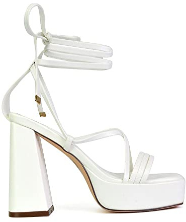Womens Platform Lace Up Sandals Ladies Block High Heel Square Toe White Party Shoes Size 8