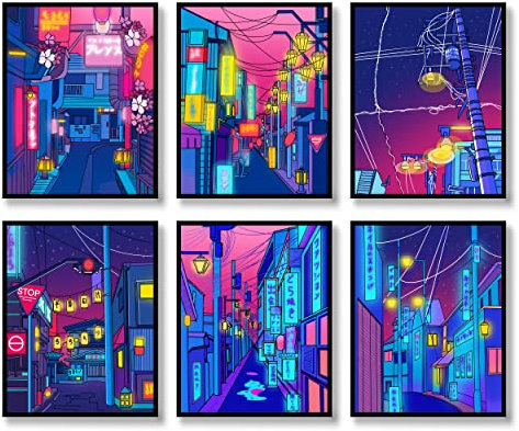 Japanische Wandkunstdrucke, Set mit 6 Anime-Neon-Postern, abstrakte Illustration, Wandkunst, Tokio, Straßen im Nachthimmel, Bild, modische Leinwand, Kunst, Gemälde für Wohnzimmer, Schlafzimmer,